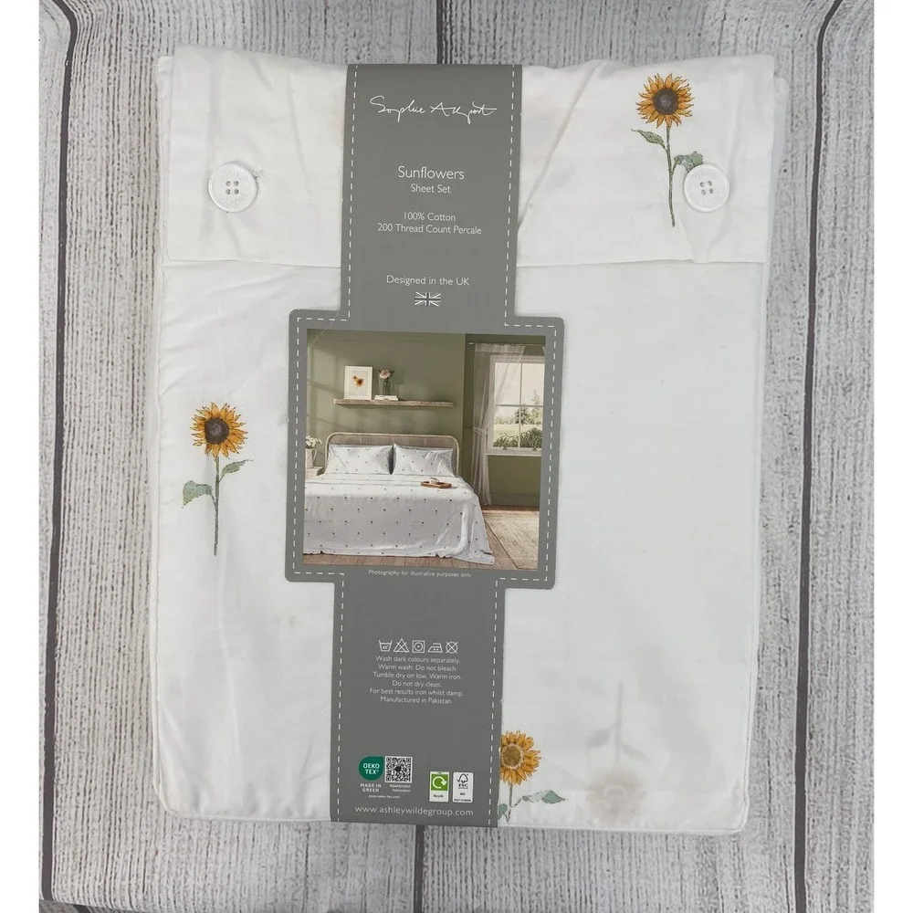 Sophie Allport Sheet Set QUEEN Sunflowers White Floral 100% Cotton 200TC Percale